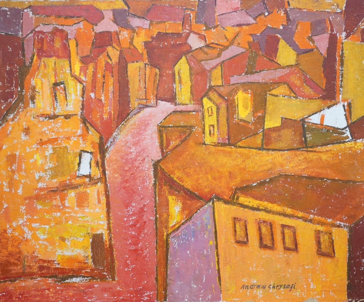 Andrew Chrysafi (b.1938), ‘Petticoat lane’, signed, mid century oil on canvas, 76 x 91cm